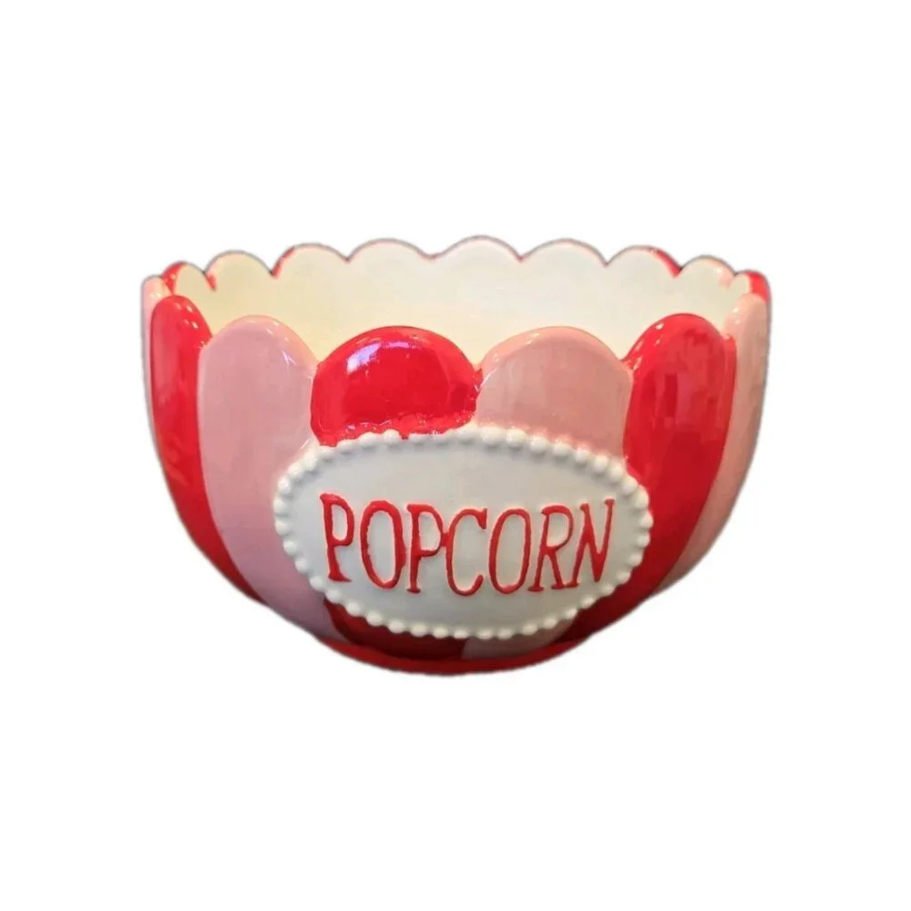 New Retro Modern Circus Ceramic Pink & Red Popcorn Bowl Kitchen Movie Night